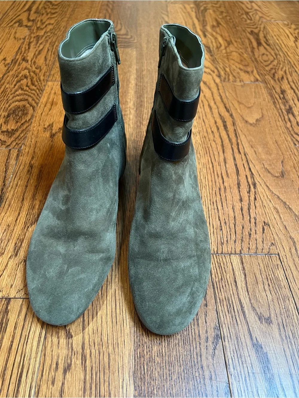 Michael Kors Olive Suede Ankle Boots with Black Straps & Gold Buttons